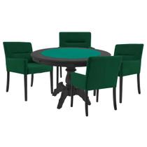 Mesa de Jogos Carteado Redonda Montreal Tampo Reversível Preto com 4 Cadeiras Vicenza Verde G36 G15 - Gran Belo