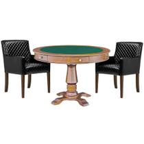 Mesa de Jogos Carteado Victoria Redonda Tampo Reversível Amêndoa com Kit 2 Cadeiras Liverpool PU Preto Matelassê G36 G15 - Gran Belo