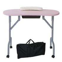Mesa de manicure portátil AGESISI Mesa de manicure dobrável com gaveta grande Mesa de tecnologia de unhas para estação de trabalho de salão técnico, almofada de pulso/bolsa de transporte/4 rodas com fechadura, 36 polegadas, rosa
