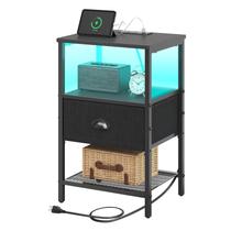 Mesa de noche con estación de carga, luz LED, cajón de tela