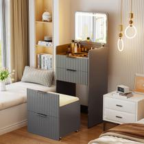 Mesa de penteadeira Lvifur 3 em 1 com espelho flip top e banqueta cinza Mesa de penteadeira Lvifur 3 em 1 com espelho flip top e banqueta cinza