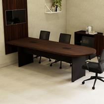 Mesa de Reunião 260cm x 90cm para 7 Pessoas c/ 2 Caixas de Tomadas Canto Esquerdo Arredondado e Pé Painel