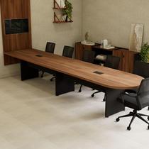Mesa de Reunião 420cm x 90cm 14 Lugares c/ 2 Cx de Tomadas Tampo Bipartido Canto Esquerdo Arredondado e Pé Painel