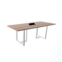 Mesa de Reunião com Caixa de Tomada 200 x 90 cm Pé Tubular PE25 em MDP Noce Naturalle Base Branca Mesa de Reunião com Caixa de Tomada 200 x 90 cm Pé Tubular PE25 em MDP Noce Naturalle Base Branca