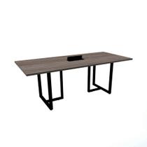 Mesa de Reunião com Caixa de Tomada Retangular 200 x 90 cm Pé Tubular PE25 em MDP Walnut Base Preta Mesa de Reunião com Caixa de Tomada Retangular 200 x 90 cm Pé Tubular PE25 em MDP Walnut Base Preta