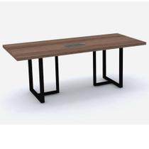 Mesa de Reunião com Caixa de Tomada Retangular 200 x 90 cm Pé Tubular PE40 em MDP Walnut Base Preta Mesa de Reunião com Caixa de Tomada Retangular 200 x 90 cm Pé Tubular PE40 em MDP Walnut Base Preta