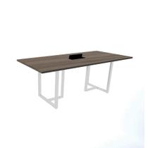 Mesa de Reunião com Caixa de Tomada Retangular 200x90 cm Pé Tubular PE25 em MDP Walnut e Base Branca Mesa de Reunião com Caixa de Tomada Retangular 200x90 cm Pé Tubular PE25 em MDP Walnut e Base Branca