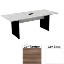 Mesa de Reunião com Caixa de Tomada Retangular 260 x 120 cm Pé Painel PE25 em MDP Walnut Base Branco