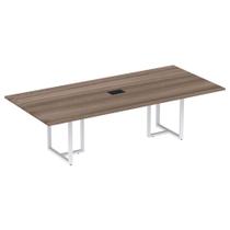 Mesa de Reunião com Caixa de Tomada Retangular 260 x 120 cm Pé Tubular PE25 MDP Walnut Base Branco