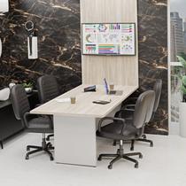 Mesa de Reunião para Escritório com Painel de TV 200x100cm Bege/Carvalho/Branco Mesa de Reunião para Escritório com Painel de TV 200x100cm Bege/Carvalho/Branco