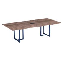Mesa de Reunião Retangular com Power Box Tubular P25 Pandin 2,6 M Walnut e Azul Del Rey