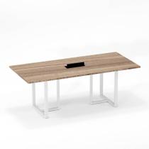 Mesa de Reuniao Retangular com Power Box Tubular P25 Pandin Noce Naturale e Branco 2.6 M