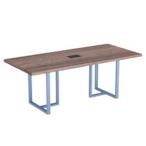 Mesa De Reunião Retangular Com Power Box Tubular PE 40 Pandin 2,00 M Walnut e Azul Dali