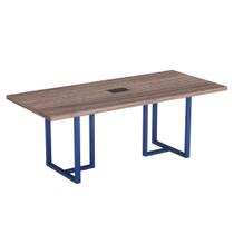 Mesa De Reunião Retangular Com Power Box Tubular PE 40 Pandin 2,00 M Walnut e Azul Del Rey
