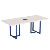 Mesa De Reunião Retangular Com Power Box Tubular PE40 Pandin 2,00 M Casablanca e Azul Del Rey