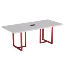 Mesa De Reunião Retangular Com Power Box Tubular PE40 Pandin 2,00 M Cinza e Vermelho Mesa De Reunião Retangular Com Power Box Tubular PE40 Pandin 2,00 M Cinza e Vermelho