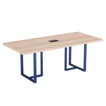 Mesa De Reunião Retangular Com Power Box Tubular PE40 Pandin 2,00 M Noce Naturale e Azul Del Rey
