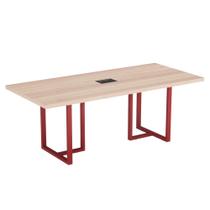 Mesa De Reunião Retangular Com Power Box Tubular PE40 Pandin 2,00 M Noce Naturale e Vermelho