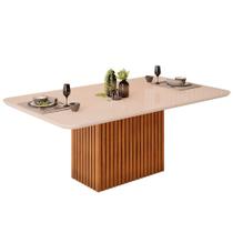 Mesa de Sala Jantar Canes c/Tampo Madeirado Vidro Curvo 200x100cm Freijó/Off White - DJ Móveis