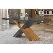 Mesa de Sala Jantar Imperatriz + Tampo Madeirado Vidro Curvo 180x90cm Grafite/Imbuia-Vidro Grafite - Rufato