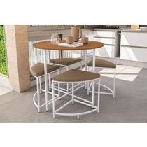 Mesa de Sala Jantar LI038 c/ Tampo Madeirado 90 cm + 4 Banquetas Canela/Branco - Kappesberg Mesa de Sala Jantar LI038 c/ Tampo Madeirado 90 cm + 4 Banquetas Canela/Branco - Kappesberg