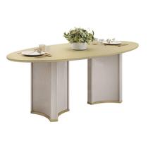 Mesa de Sala Jantar Liz c/ Tampo Madeirado c/ Vidro Oval 218x108cm Off White/Dourado - DJ Móveis