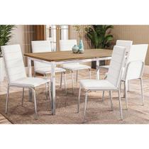 Mesa de Sala Jantar Reno c/ Tampo Madeira 160cm + 6 Cadeiras Amsterdã Cromada - Assento Branco 106 - Kappesberg