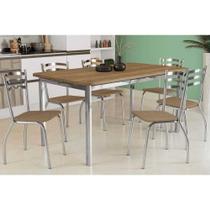 Mesa de Sala Jantar Reno c/ Tampo Madeira 160cm + 6 Cadeiras Portugal Cromada - Assento Capuccino 31 - Kappesberg