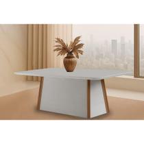 Mesa de Sala Jantar Tília c/ Tampo Madeirado c/ Vidro Canto Curvo 180X90cm Off White/Naturale/Off White - Rufato