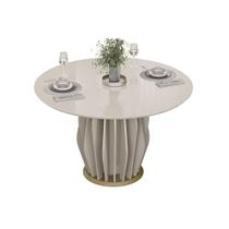 Mesa de Sala Jantar Tokyo c/ Tampo Madeirado c/ Vidro Redondo 136x136cm Off White/Off White - DJ Móveis