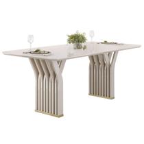 Mesa de Sala Jantar Yara c/ Tampo Madeirado c/ Vidro Redondo 180x100cm Off White/Off White - DJ Móveis Mesa de Sala Jantar Yara c/ Tampo Madeirado c/ Vidro Redondo 180x100cm Off White/Off White - DJ Móveis