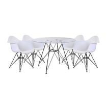 Mesa de Vidro Redonda Eames Eiffel 90cm com 4 Poltronas Brancas Ferro Preto