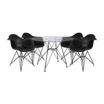 Mesa de Vidro Redonda Eames Eiffel 90cm com 4 Poltronas Pretas Ferro Preto