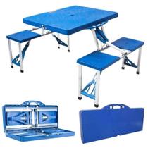 Mesa Dobrável Camping com 4 Banquetas Tipo Maleta Portátil Azul Yeet Mesa Dobrável Camping com 4 Banquetas Tipo Maleta Portátil Azul Yeet
