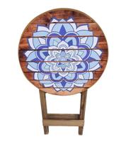 Mesa Dobravel Mandala Azul De Madeira Varanda Rústica