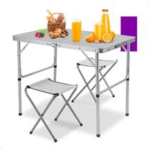 Mesa Dobravel Portatil De Camping Praia 90x60 de Aluminio e Mdf com 2 Banquetas