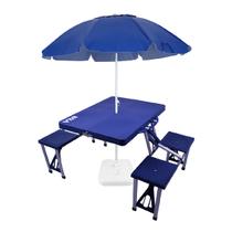 Mesa Dobrável Portatil Kala 4 Banquetas Alumínio Vira Maleta + Guarda Sol Praia Jardim Camping