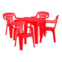 Mesa e 4 Cadeira Poltrona Infantil Plastico Vermelha Mor