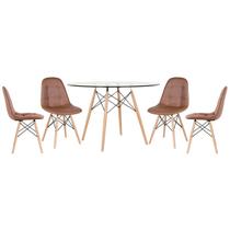 Mesa Eames com tampo de vidro 120 cm + 4 cadeiras estofadas Eiffel Botonê - Marrom Mesa Eames com tampo de vidro 120 cm + 4 cadeiras estofadas Eiffel Botonê - Marrom