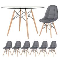 Mesa Eames com tampo de vidro 120 cm + 6 cadeiras estofadas Eiffel Botonê - Cinza Escuro Mesa Eames com tampo de vidro 120 cm + 6 cadeiras estofadas Eiffel Botonê - Cinza Escuro