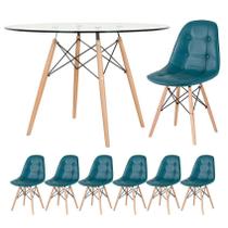 Mesa Eames com tampo de vidro 120 cm + 6 cadeiras estofadas Eiffel Botonê