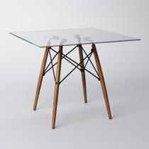 Mesa Eames Eiffel Quadrada 90 Cm Tampo de Vidro Base de Madeira