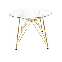 Mesa Eames Ferro Eiffel cor Dourado Fosco de Jantar ou Cozinha para 4 lugares com Tampo de Vidro Redondo 90cm