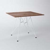 Mesa Eiffel Quadrada 90cm Tampo De Madeira Amendôa Com Base De Ferro Branco