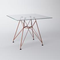 Mesa Eiffel Quadrada 90cm Tampo de Vidro com Base de Ferro Cobre