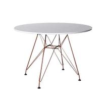 Mesa Eiffel Redonda 110cm Tampo De Madeira Branco Com Base De Ferro Cobre