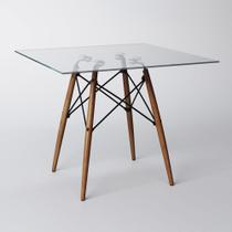 Mesa Eiffel Wood Tampo de Vidro Quadrado 110cm