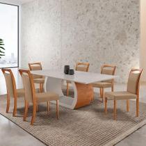 Mesa Ellis 180cm Tampo Laqueado Com Vidro Com 6 Cadeiras Munique Linho Palha/imbuia Natural/off White