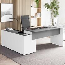 Mesa em L com Armário Lateral Caixa de Tomadas e 3 Gavetas 180cm Tampo Chanfrado Escritório Corporate Cinza Sagrado e Branco