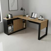 Mesa em L Escritório 160cm x 60cm Armário Lateral c/ Porta de Correr e 2 Nichos